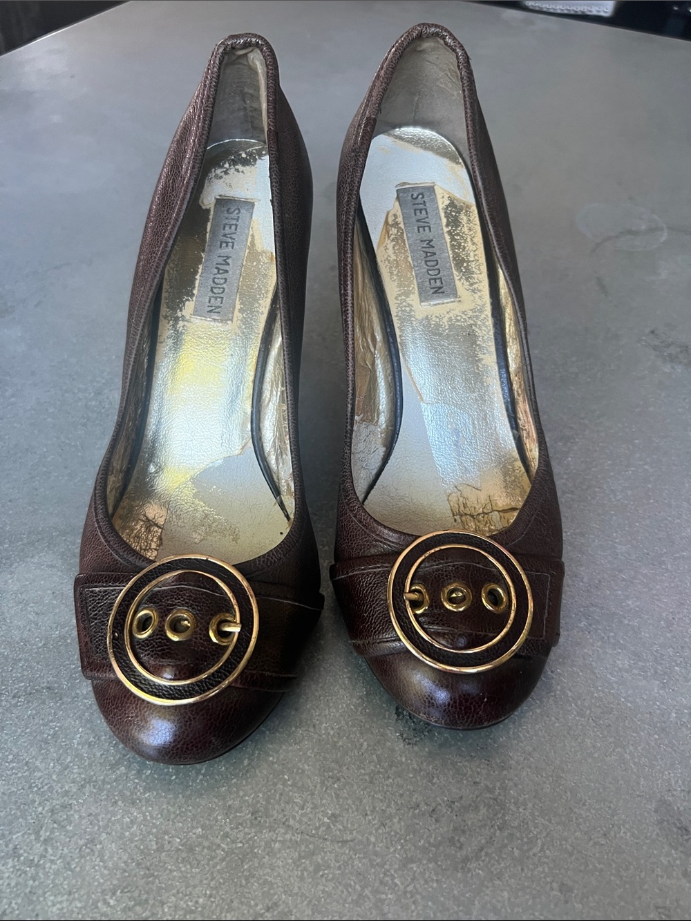 Steve Madden Brown Leather wedges with Gold Round Buckle